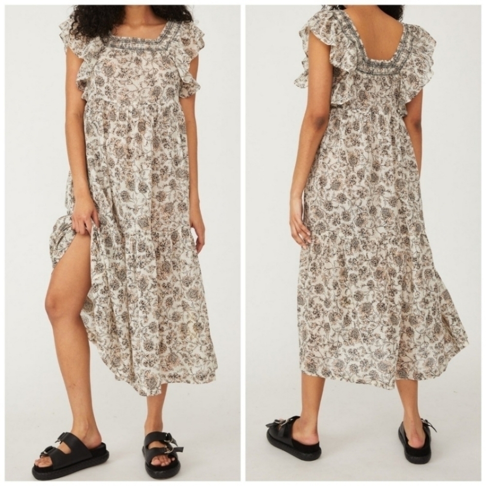 Free People Bonita Floral Print Prairie Cottagecore Smocked Ruffled Midi Dress